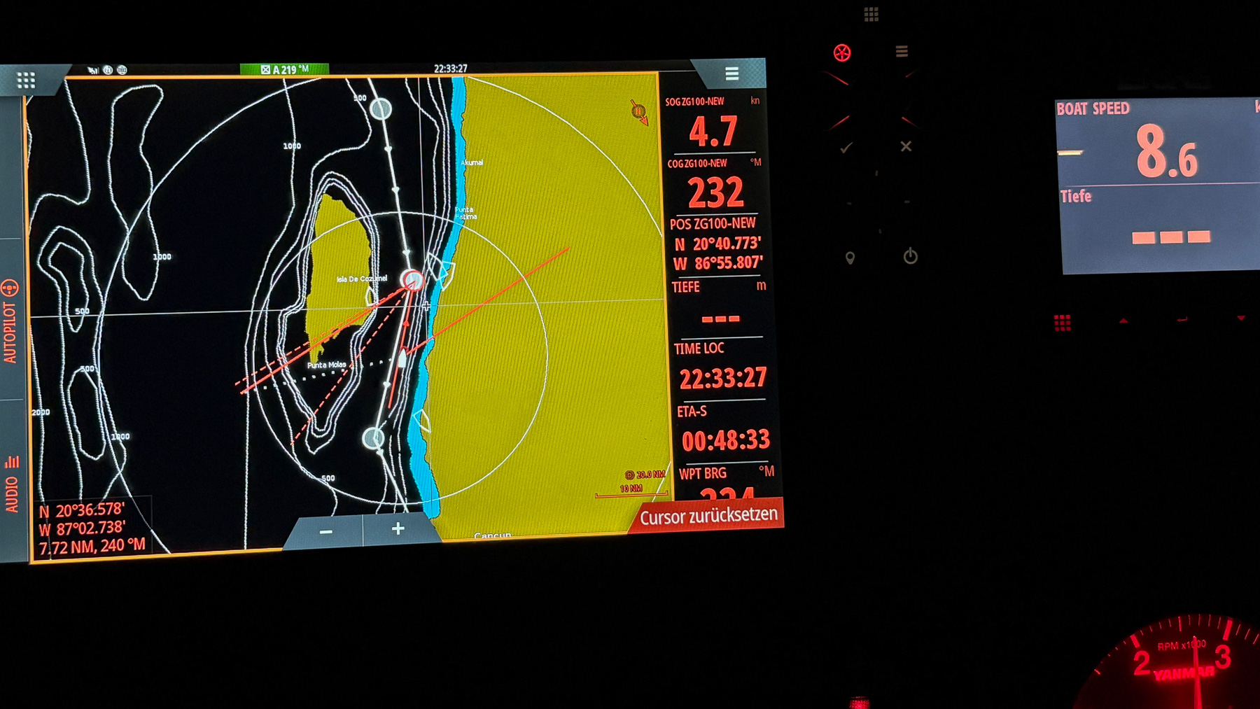 Ueberfahrt Isla Mujeres nach Utila: Plotter zeigt, dass es im Gegenstrom bei Cozumel kaum weitergeht.
