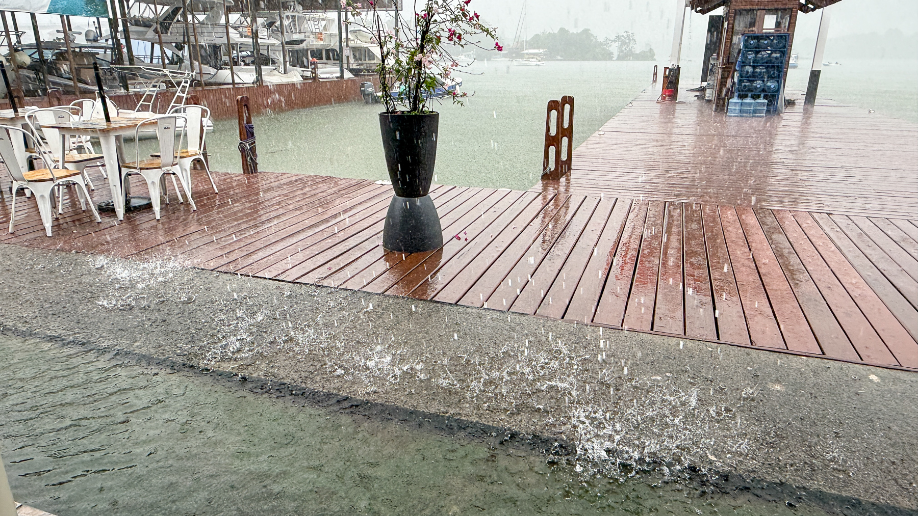 Saison des pluies sur le Rio Dulce : à la marina RAM aussi, le niveau de l'eau monte. De la pelouse, il n'y a déjà plus rien à voir.